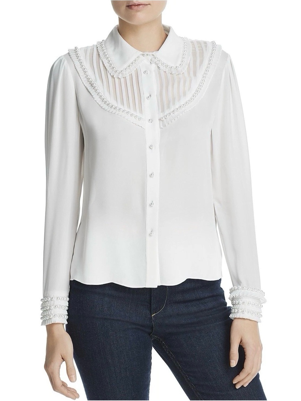 Alice + Olivia Noreen White Pearl-Trim Button Down Blouse